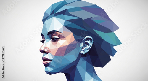 Low poly art of a woman's face in blue tones geometric shapes profile view digital illustration modern style white background