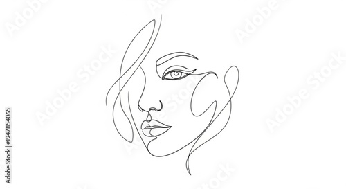 Minimalist line drawing of a woman's face in profile with flowing hair and subtle expression on a white background