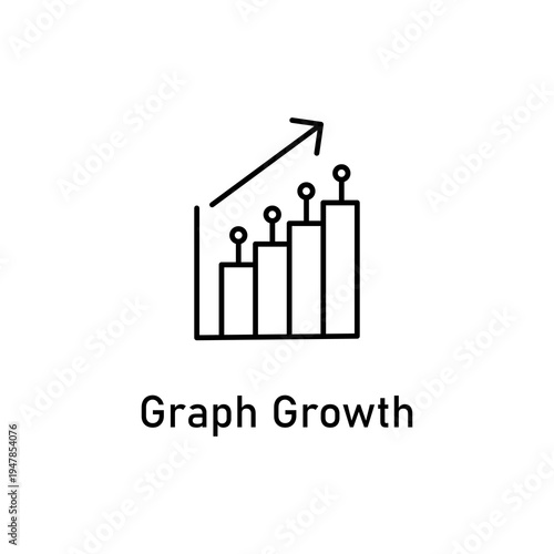 Graph growth icon featuring ascending bar chart with upward trending arrow and data points. Simple line art outline design representing business analytics, progress, and success. Minimalist vector ill