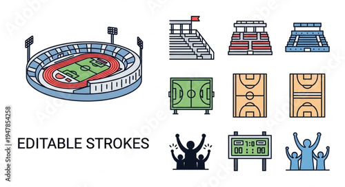 Sports Stadium and Fields Icons with Editable Strokes.