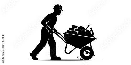 Professional Minimalist Vector Illustration of a Construction Worker Pushing a Wheelbarrow with Bricks and Tools