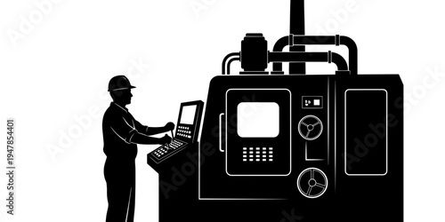 Minimalist Industrial Vector Art of a Skilled Worker Operating a CNC Machine in a Modern Manufacturing Factory Setting