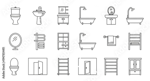 Bathroom Fixtures Line Art - Toilet, Sink, Bathtub, Mirror, and Storage.
