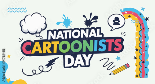 Colorful National Cartoonists Day celebration with cartoon style illustrations in bright playful lighting for greeting card