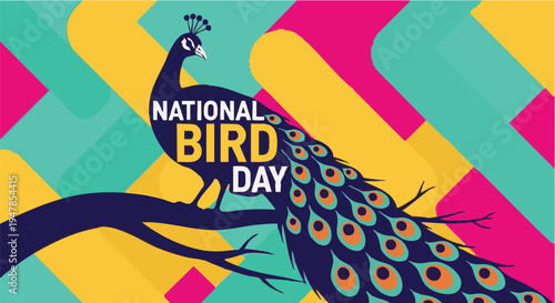 Peacock on branch with colorful geometric background for National Bird Day in vibrant playful lighting for celebration
