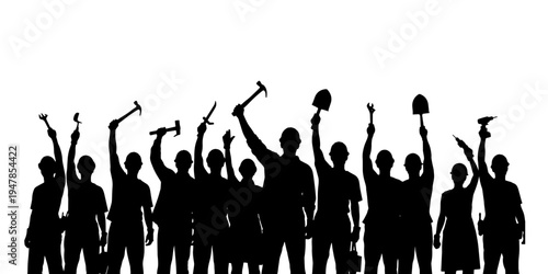 A strong and determined graphic design silhouette illustration depicting united workers holding various construction and labor tools against a clean white background