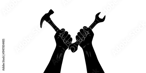 Empowering Minimalist Graphic Illustration of Hands Holding Hammer and Wrench Symbolizing Labor and Unity