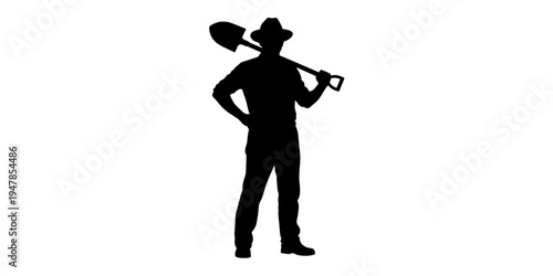 A clean minimalist determined silhouette illustration depicting a man standing and holding a shovel on his shoulder ready to start working