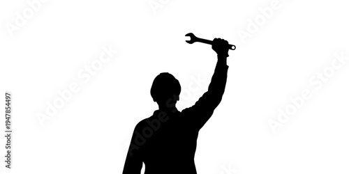 Determined minimalist style silhouette illustration of a mechanic holding a wrench up high symbolizing power and labor on a clean white background
