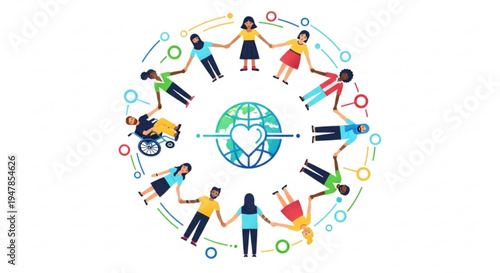 Diverse people holding hands around the globe with a heart symbol representing unity and friendship
