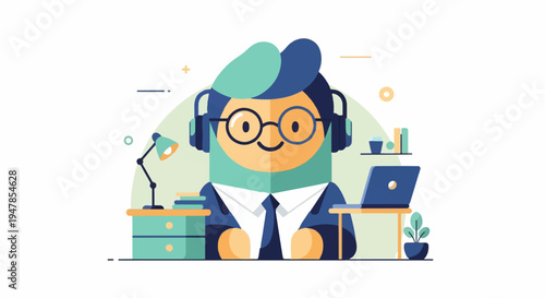 Stylized man with headphones at desk with laptop and lamp