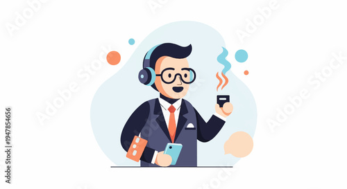 Stylized man with headphones, glasses, suit, drinking and using smartphone