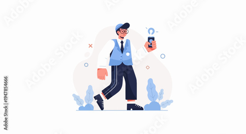 Stylized man in formal wear with glasses and cap holds up a phone