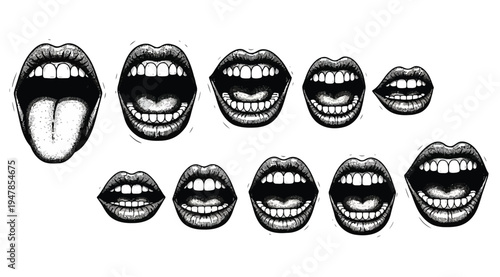 Collection of various mouths and lips with different expressions isolated on white background