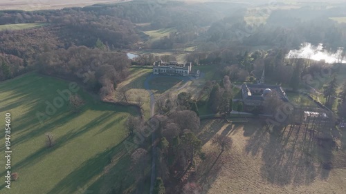 Aerial view of the ruins of Old Penicuik House in Midlothian, Scotland: A historic 18th-century Palladian mansion standing in a vast estate
