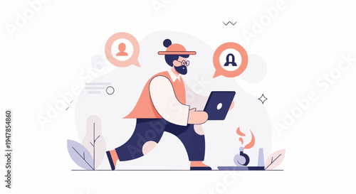 Stylized man with laptop and thought bubbles, abstract elements
