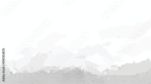 Cityscape with grid pattern and cloudy sky on white background