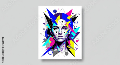 Vibrant abstract portrait of a person with colorful geometric shapes and patterns on a white background