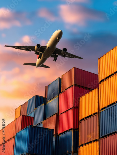 An airplane flies over colorful stacked shipping containers during a vibrant sunset.