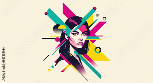 Vibrant illustration of a woman with colorful geometric shapes and lines on a beige background conveying creativity and modernity