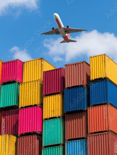  colorful stack of shipping containers with an airplane flying overhead against a partly cloudy blue sky.