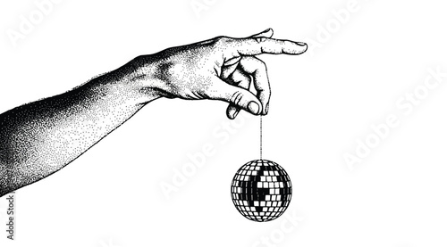 A hand holding a small disco ball on a string isolated on white background in a black and white illustration