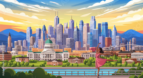 Vibrant Cityscape vector illustration with a dancer celebrating at sunrise, showcasing urban energy and majestic skyline, perfect for lifestyle and travel themes