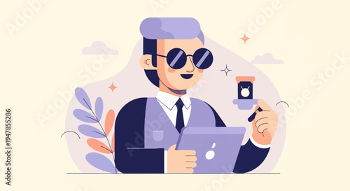 Stylized man with sunglasses, tablet, and creative elements