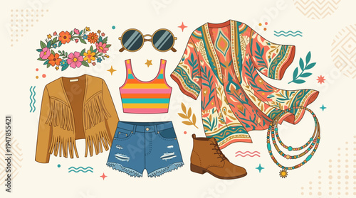 Authentic random festival fashion vector set with eight boho elements including crop top, jacket, shorts, boots, crown, sunglasses, necklace, and kimono in flat minimal design