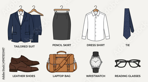 Authentic random office fashion vector set with eight professional elements including suit, skirt, shirt, tie, shoes, bag, watch, and glasses in flat minimal design