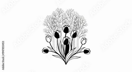 Stylized monochrome artwork depicting a cluster of tulips against a backdrop of delicate trees