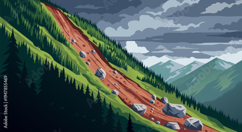 Dramatic Pixel Art Illustration of a Landslide on a Mountain Slope Vector Art for Natural Disaster Concepts