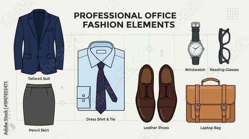 Authentic random office fashion vector set with eight professional elements including suit, skirt, shirt, tie, shoes, bag, watch, and glasses in flat minimal design