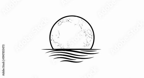 Stylized moon rising over abstract waves