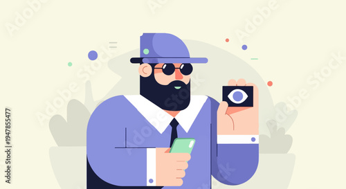 Stylized man in hat and glasses holds phone and card with eye