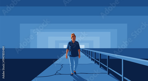 Vector illustration of a woman walking on a bridge towards a bright blue horizon, symbolizing progress and hope