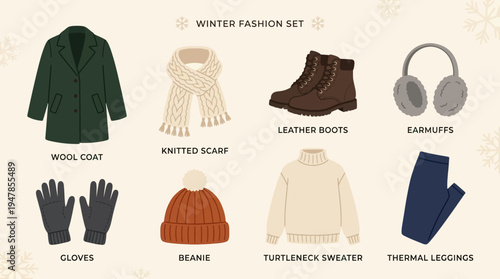 Authentic random winter fashion vector set with eight cozy elements including coat, scarf, boots, earmuffs, gloves, beanie, sweater, and leggings in flat minimal design