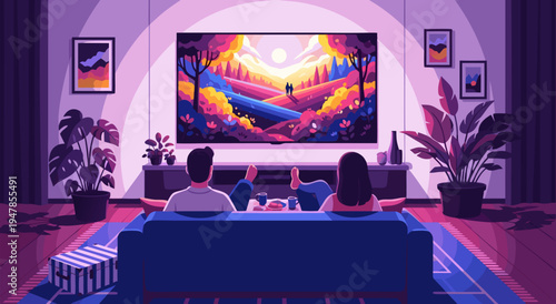 Cozy Evening Entertainment A Serene Landscape Vector Illustration of a Couple Watching TV