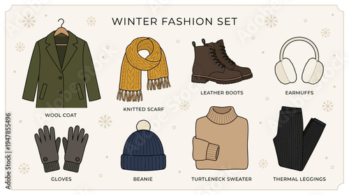 Authentic random winter fashion vector set with eight cozy elements including coat, scarf, boots, earmuffs, gloves, beanie, sweater, and leggings in flat minimal design