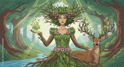 Woman dressed as a tree in forest with deer symbolizing nature and harmony with wildlife green leaves and flowers