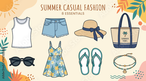 Authentic random summer fashion vector set with eight casual elements including tank top, shorts, flip-flops, straw hat, tote bag, sunglasses, dress, and anklet in flat minimal design