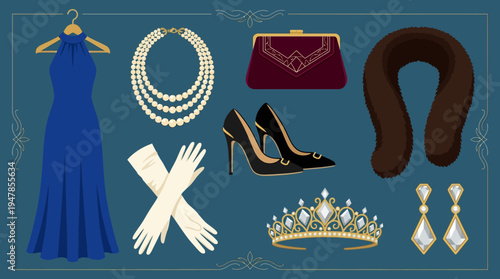 Luxury Evening Gown and Accessories Vector Set