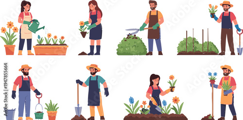 Gardening People Working with Plants, Flowers, and Tools in Outdoor Garden for Spring Planting and Gardening Activities Illustration