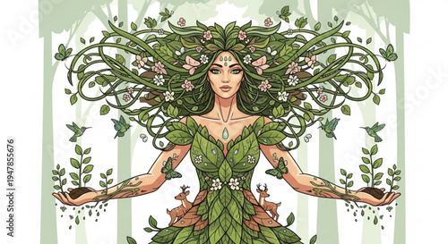 Whimsical forest goddess with leafy green dress and flowing hair made of vines and flowers