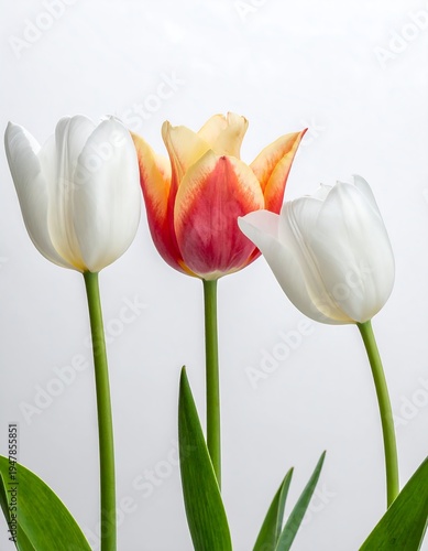 Three tulips in varying colors stand tall against a plain white background, highlighting their delicate petals and stems