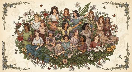 Diverse group of people sitting together surrounded by lush greenery and vibrant flowers in a whimsical illustration