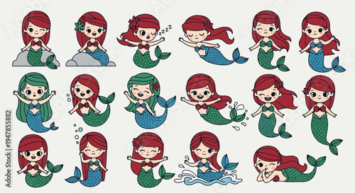 Cute mermaid character stickers with different poses and expressions