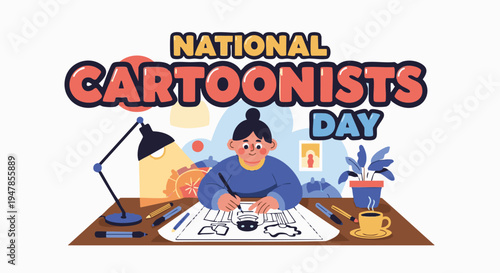 Cartoonist drawing at desk in colorful illustration style with vibrant lighting for National Cartoonists Day