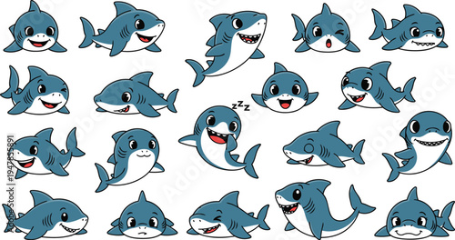 Set of cute baby shark cartoon characters in various poses