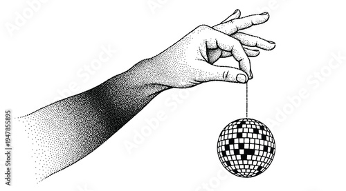 A hand holding a shiny disco ball on a white background with a stippling effect